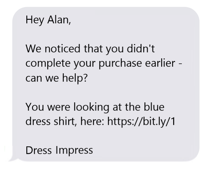abandoned cart sms example 1